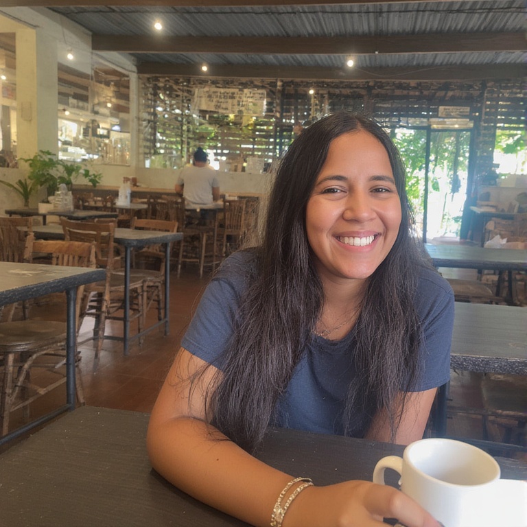 Colombian woman in a casual setting, perhaps enjoying a coffee or walking in a park.